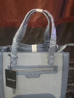 London Fog Blue Woven Tote with Front Zip Pocket
